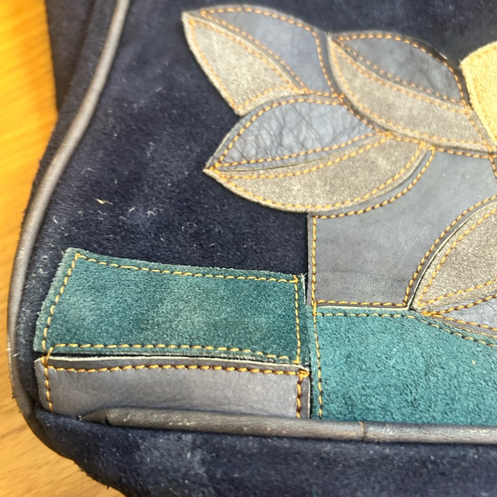 Elegant Navy Blue Floral Tote Bag suede magnolia pattern worn but mostly clean - Picture 5 of 6